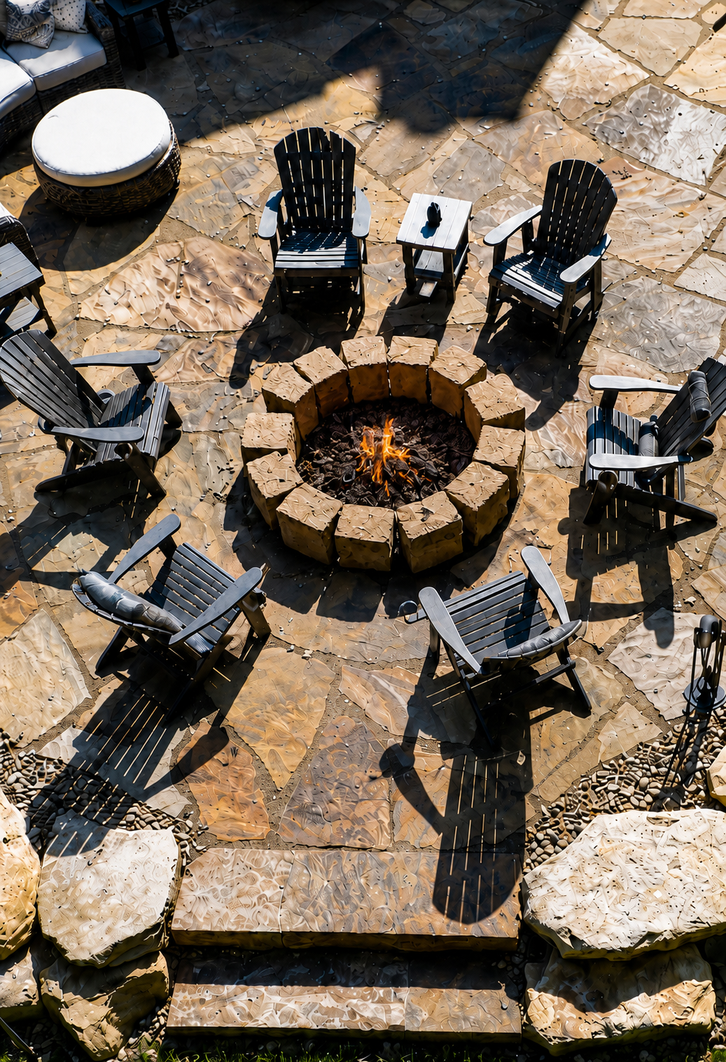 Stone paver patio with a brick firepit surrounded by adirondack chairs. Photo taken from above.